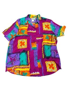 Vintage 90s teddi Abstract Blouse - Art-to-Wear Colorful Maximalist 2X Retro